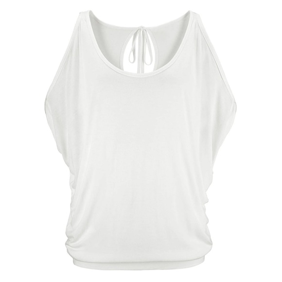 Venus Short Sleeve Top Cold Shoulder Tie Neutral Shirt Blouse Large L Solid - Picture 4 of 12